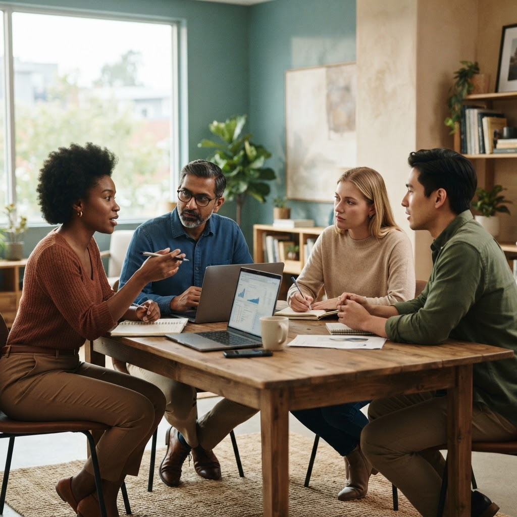 Four Peak Financial consultants discussing a project around a table